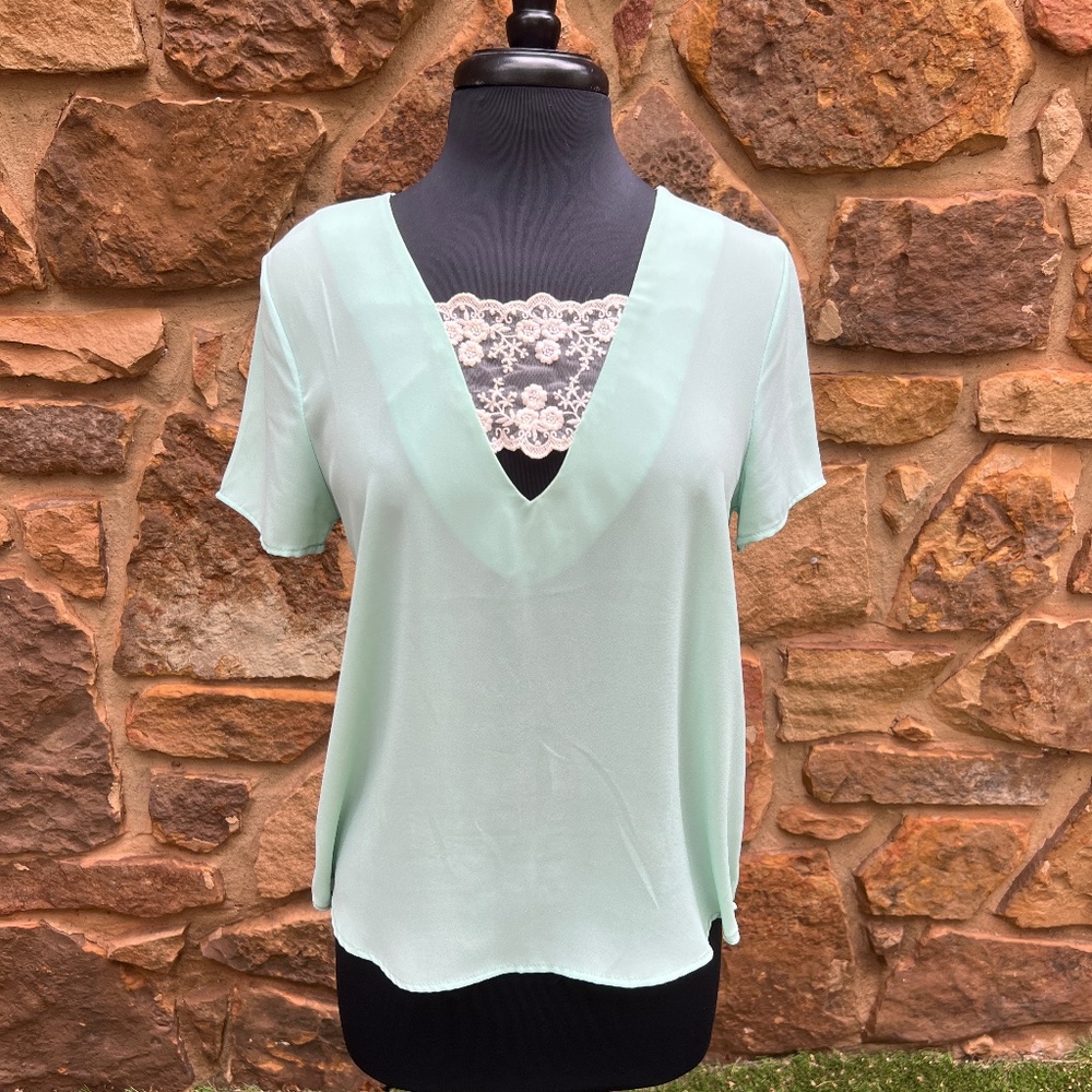 Jella Couture Sheer Mint Lace Band Blouse - Size M